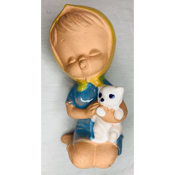 Uctci Japan Figurine Girl Pottery Red Clay 5" Vintage 1960s MCM Blue Dress Cat - Picture 9 of 11